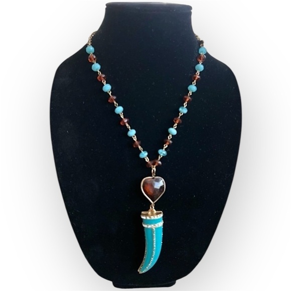 Boho enamel pendant chain necklace, turquoise&brown fashion statement,faux - Picture 1 of 9